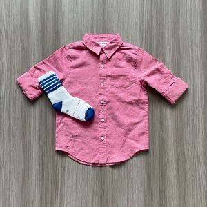 NWT Janie and Jack Boys Linen Button Up Roll-Cuff Shirt & Striped Socks Red 4